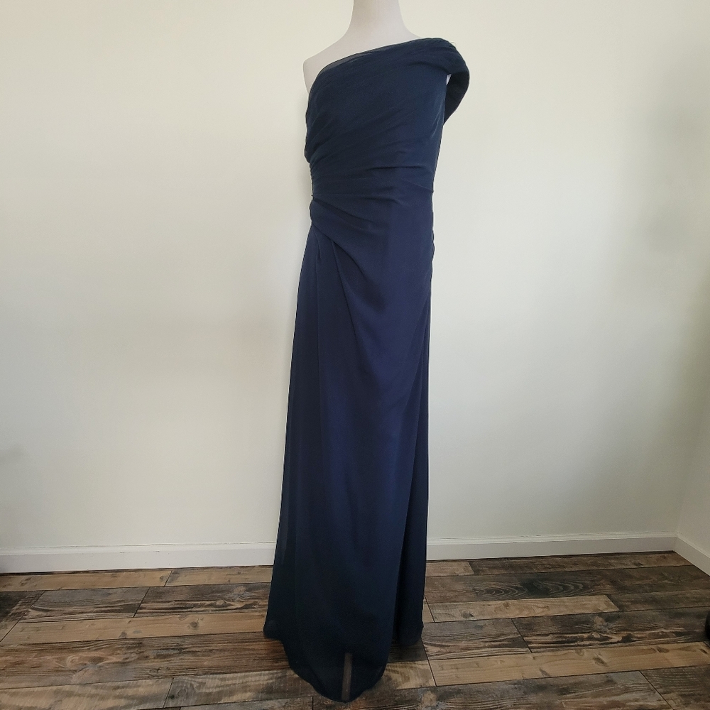 Jordan Bridesmaid Formal Dress Gown Eevening Navy Chiffon OneShoulder Prom Sz 14